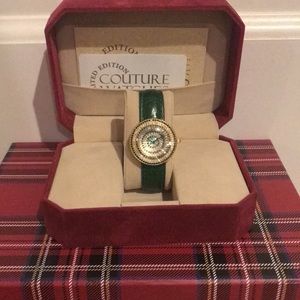 Couture Watches By Adrienne Green Leather Watch With Clear Rhinestones